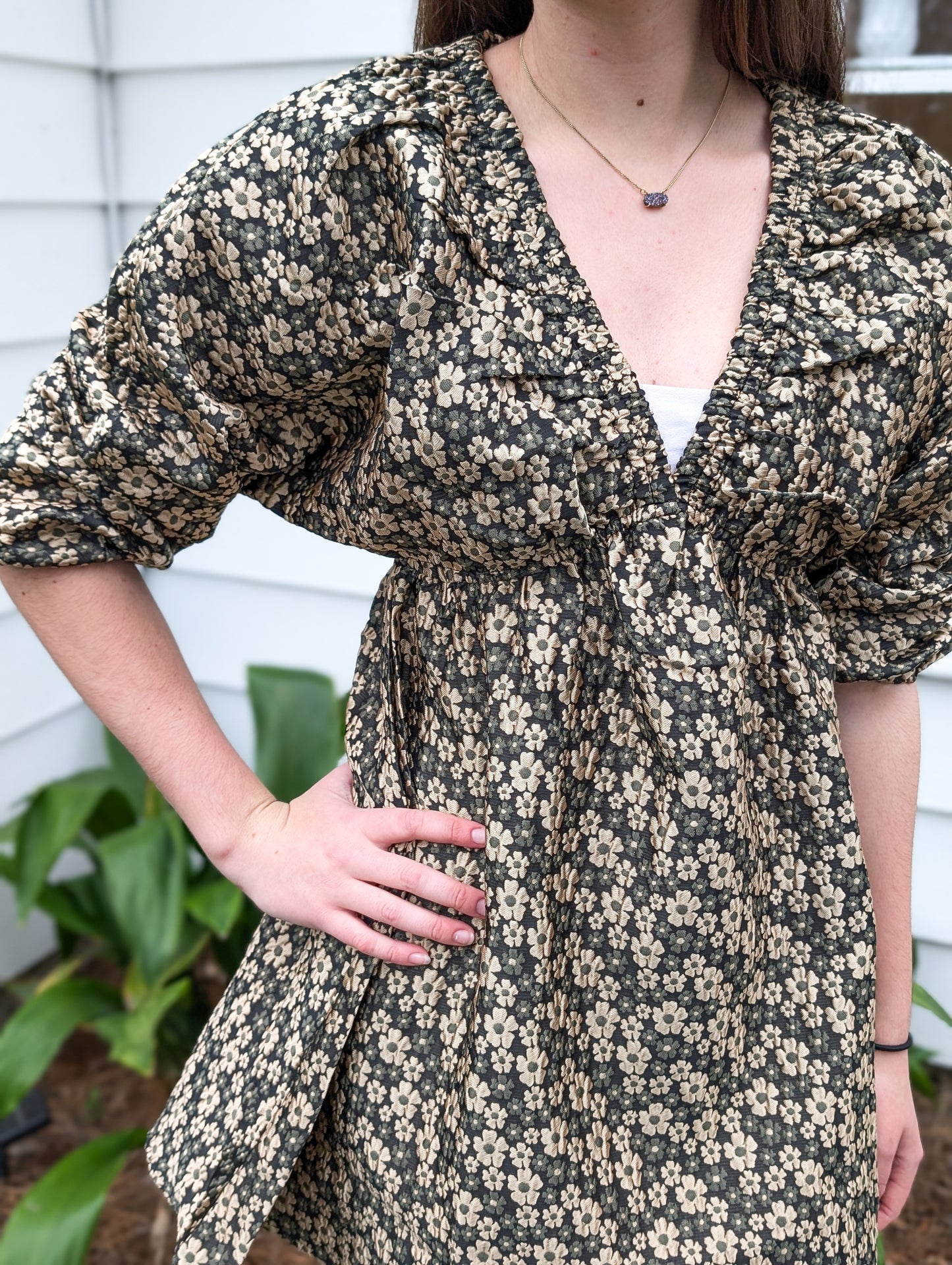 *FINAL SALE* Gold Daisy Jacquard Puff Sleeve Dress