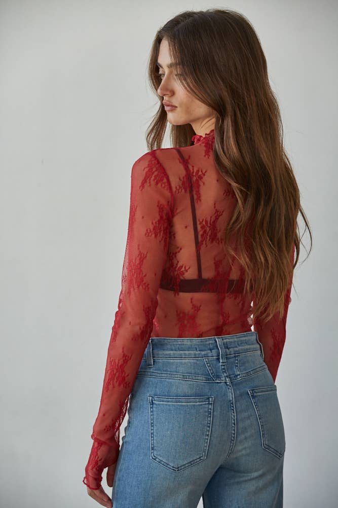 Knit Jacquard Lace Long Sleeve Mock Neck Top