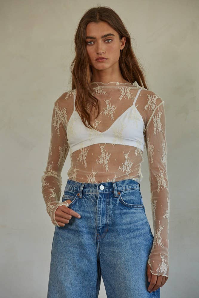 Knit Jacquard Lace Long Sleeve Mock Neck Top