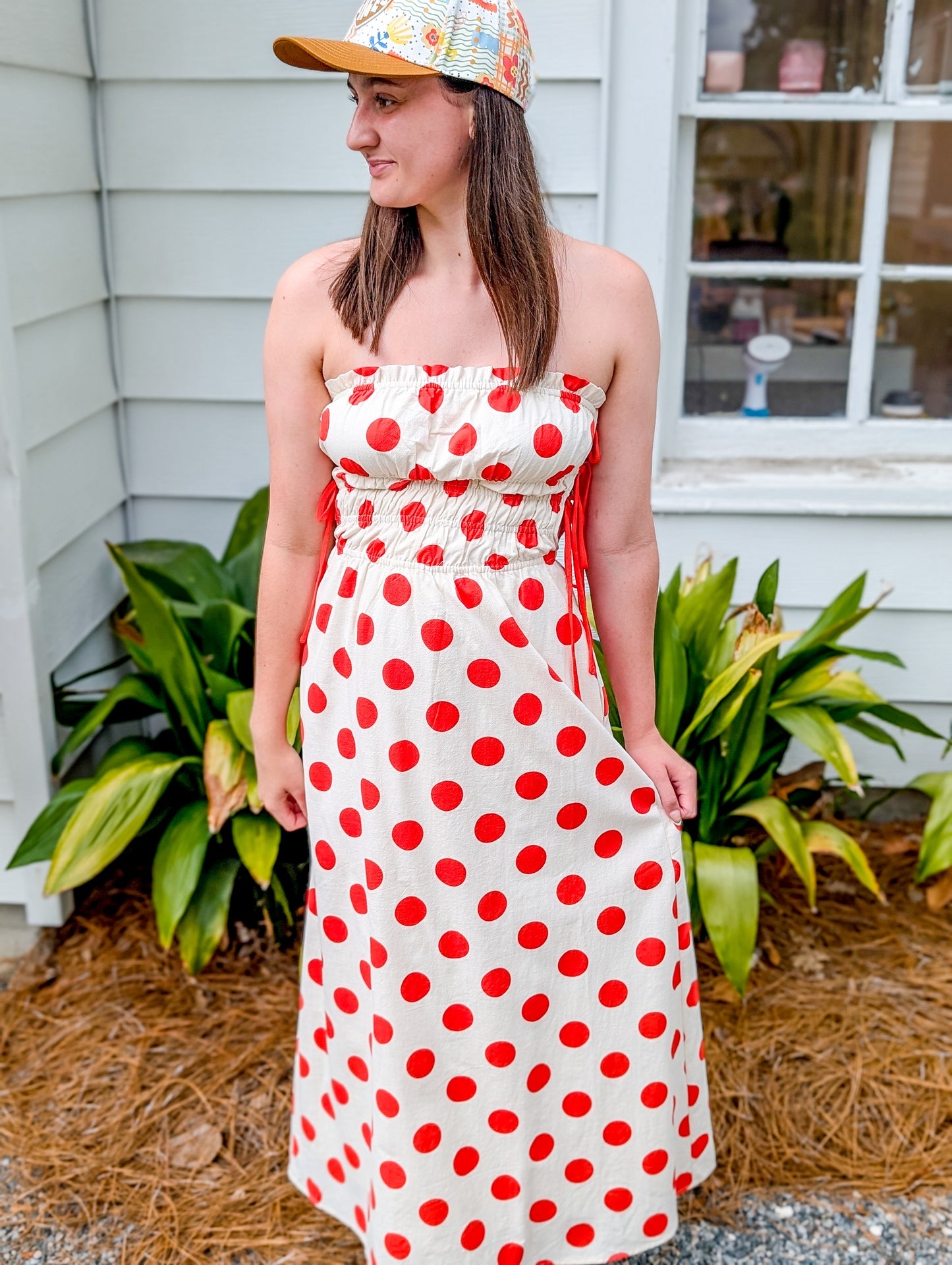 Poppy Red Polka Dot Strapless Dress