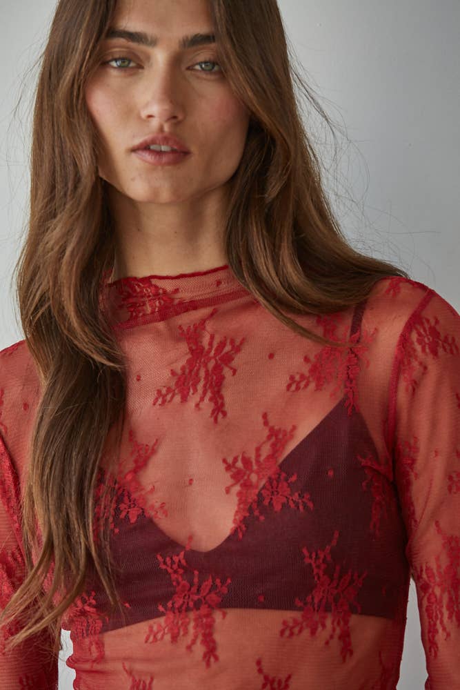 Knit Jacquard Lace Long Sleeve Mock Neck Top